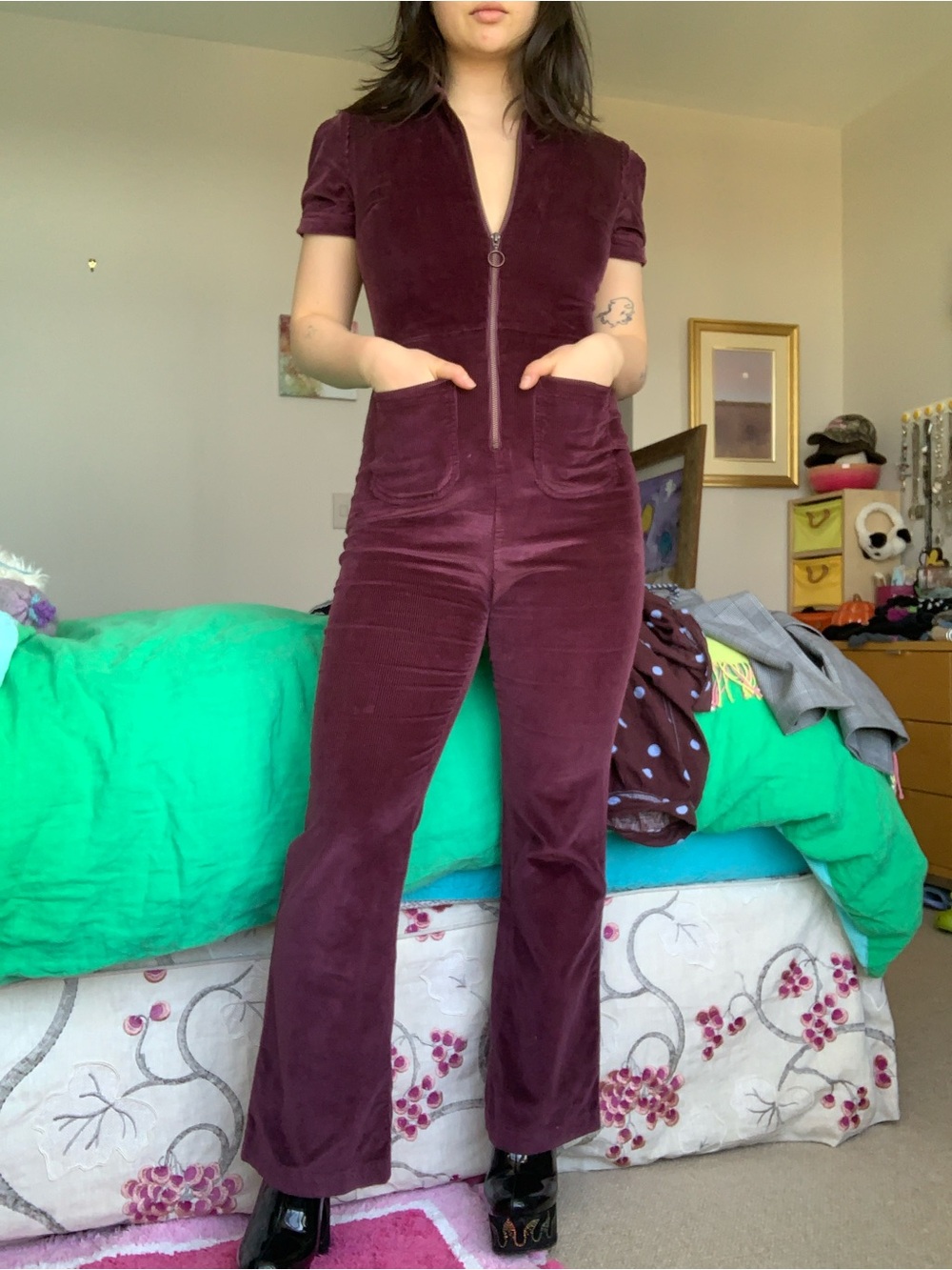 UO Women’s Burgundy Corduroy Short-Sleeve Jumpsuit